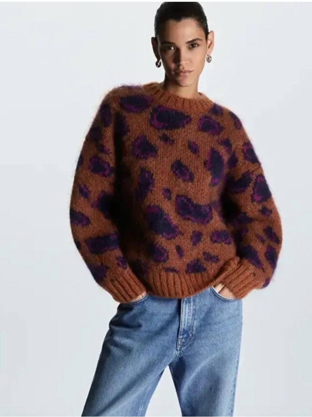 COS Jacquard Mohair Wool Blend Leopard Animal Print Knit Sweater Size M